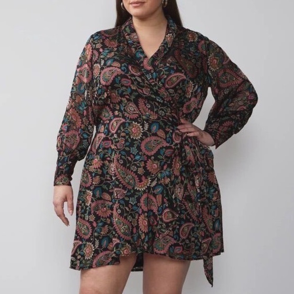 NY&C Burnout Velvet Paisley Boho Black Long‎ Sleeve Wrap Dress Women's Size 2X